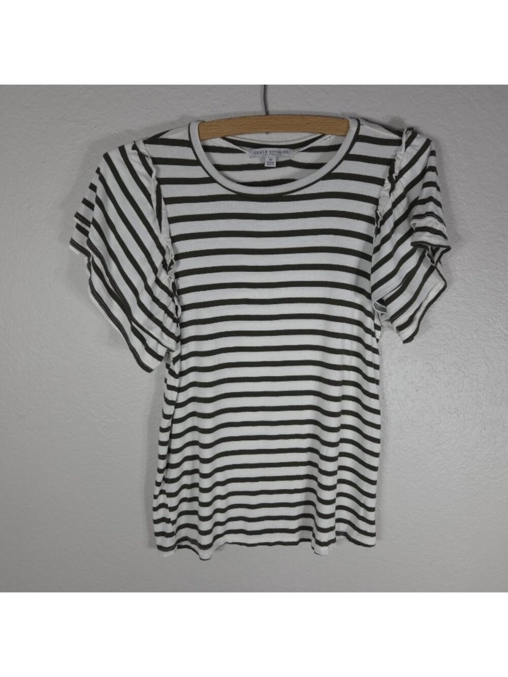 Green Envelope Olive Green & White Stripe Short Sleeve T-Shirt Size XS Ruffle